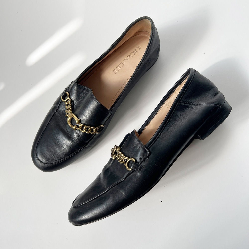 Coach Helena Loafers Size 8 Black Leather Gold Chain Link C Logo Flats Shoes